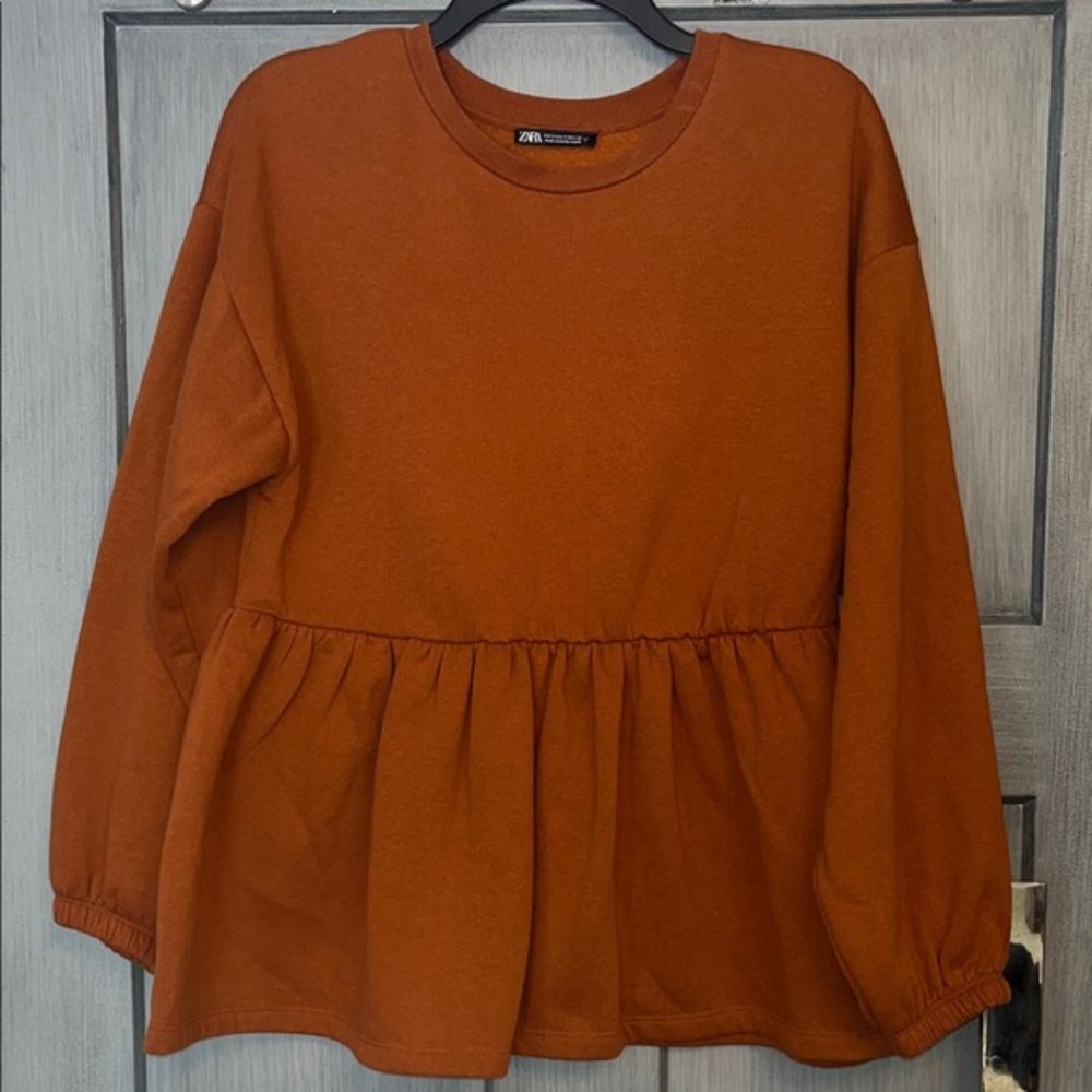 Zara Sz Small Peplum Fleece Lined Burnt Orange Blouse, #contemporary #cozy #chic
